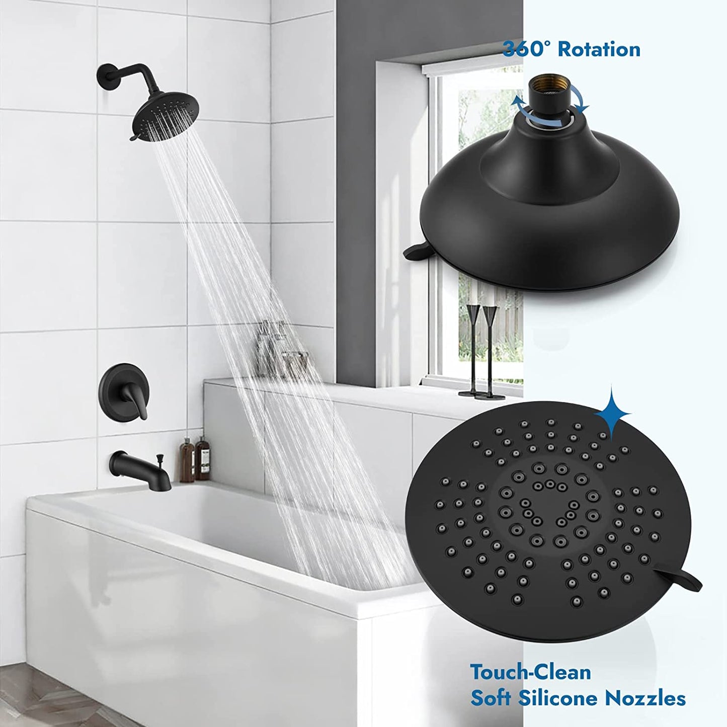 
                  
                    Cinwiny Shower System with Tub Spout Wall Mounted 5 Modes 6”Shower Head with Bathtub Filler Trim Kit with Pressure Balance Rough-in Valve 1 Handle 2 Function Bathroom Shower Faucet Set
                  
                
