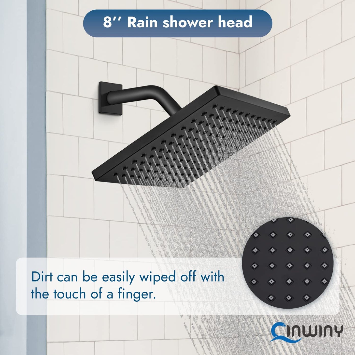 
                  
                    Cinwiny Rain Shower Head 8” Square Overhead Shower High Pressure Angle Adjustable Waterfall Modern Luxury ABS Bathroom Showerhead with Silicone Noozles
                  
                