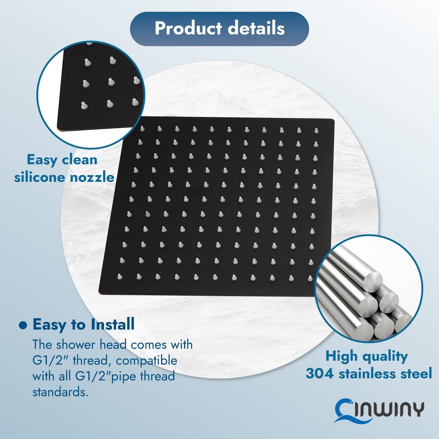 
                  
                    Cinwiny High Pressure Square 10-inch Shower Head 1/16" Ultra Thin Waterfall Full Body Coverage with Silicone Nozzle Stainless Steel Rainfall Showerhead
                  
                