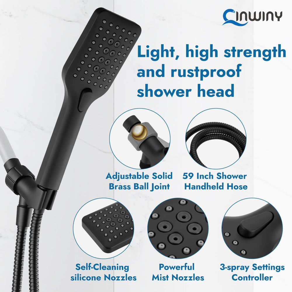 
                  
                    Cinwiny Shower Head with Handheld Wall Mounted High Flow Square Hand Held Sprayer ABS 3 Spray Modes with Adjustable Shower Bracket Holder & 59” SUS304 Hose Combo
                  
                