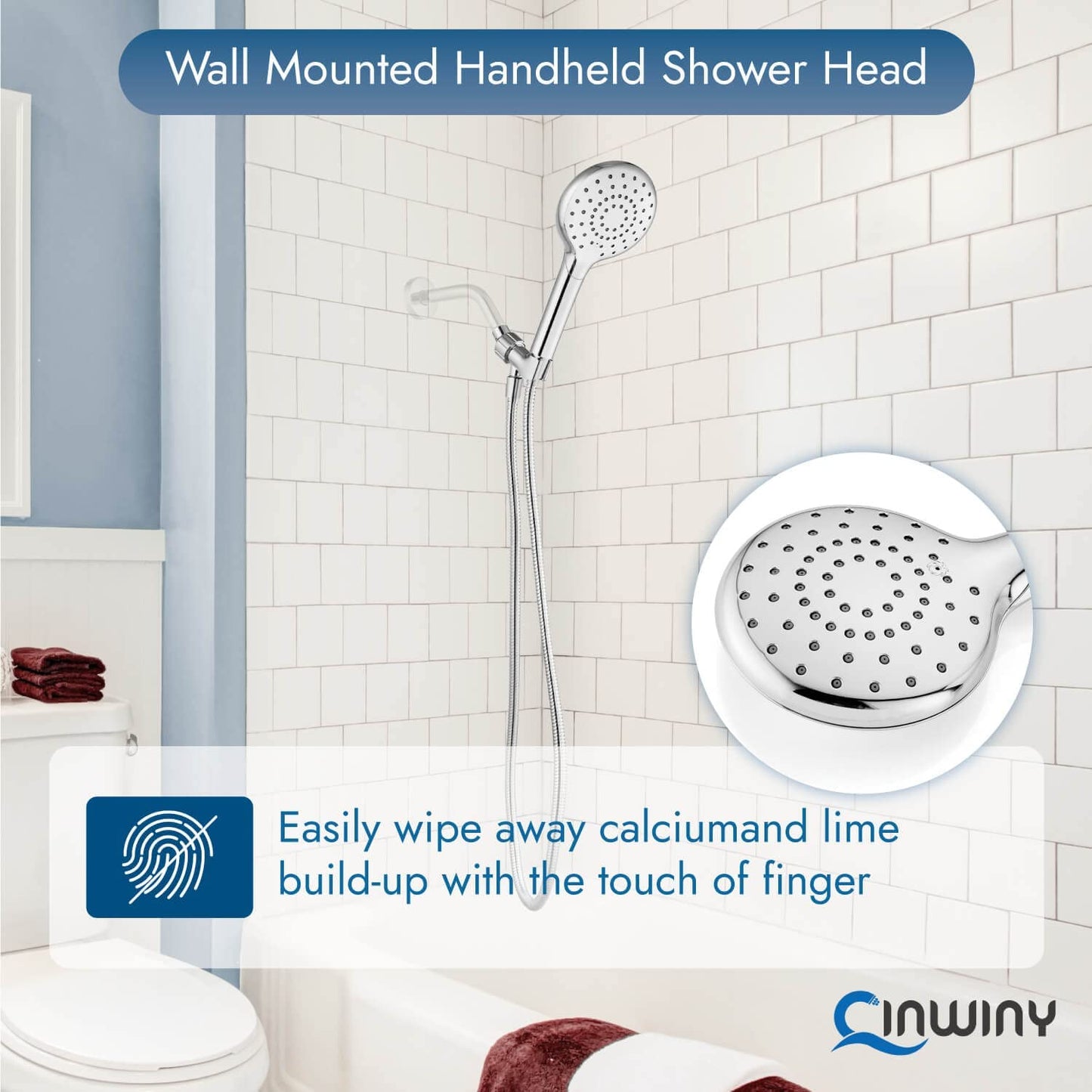 
                  
                    Cinwiny Hand Held Showerhead High Flow Wall Mounted Round Handheld Shower Sprayer ABS Single Function with Adjustable Shower Holder and 59” Stainless Steel Hose
                  
                