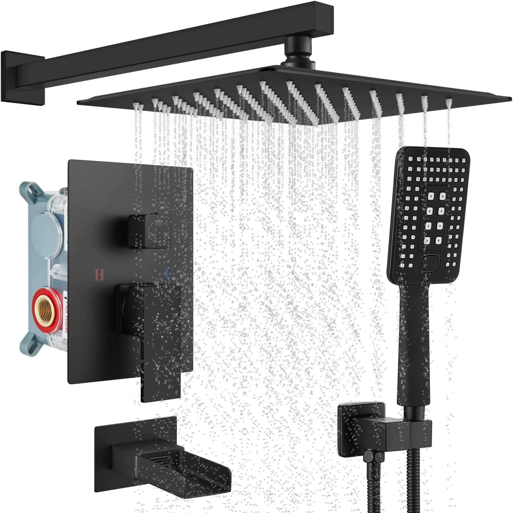 Cinwiny Wall Mount Matte Black Bathroom Shower System Rainfall Shower Head with ABS 3 Functions Handheld Spray Waterfall Tub Spout Bathroom Shower Combo Set Rough-in Valve Included