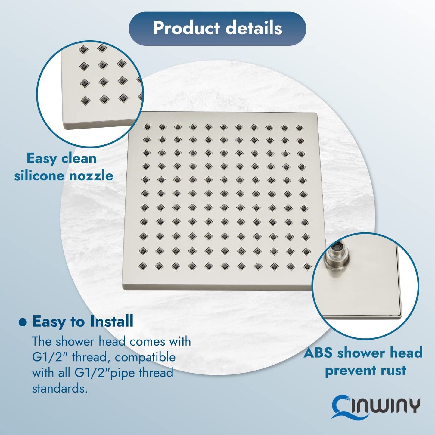 
                  
                    Cinwiny Rain Shower Head 8” Square Overhead Shower High Pressure Angle Adjustable Waterfall Modern Luxury ABS Bathroom Showerhead with Silicone Noozles
                  
                