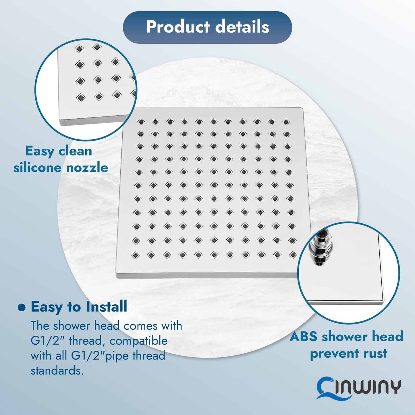 
                  
                    Cinwiny Rain Shower Head 8” Square Overhead Shower High Pressure Angle Adjustable Waterfall Modern Luxury ABS Bathroom Showerhead with Silicone Noozles
                  
                