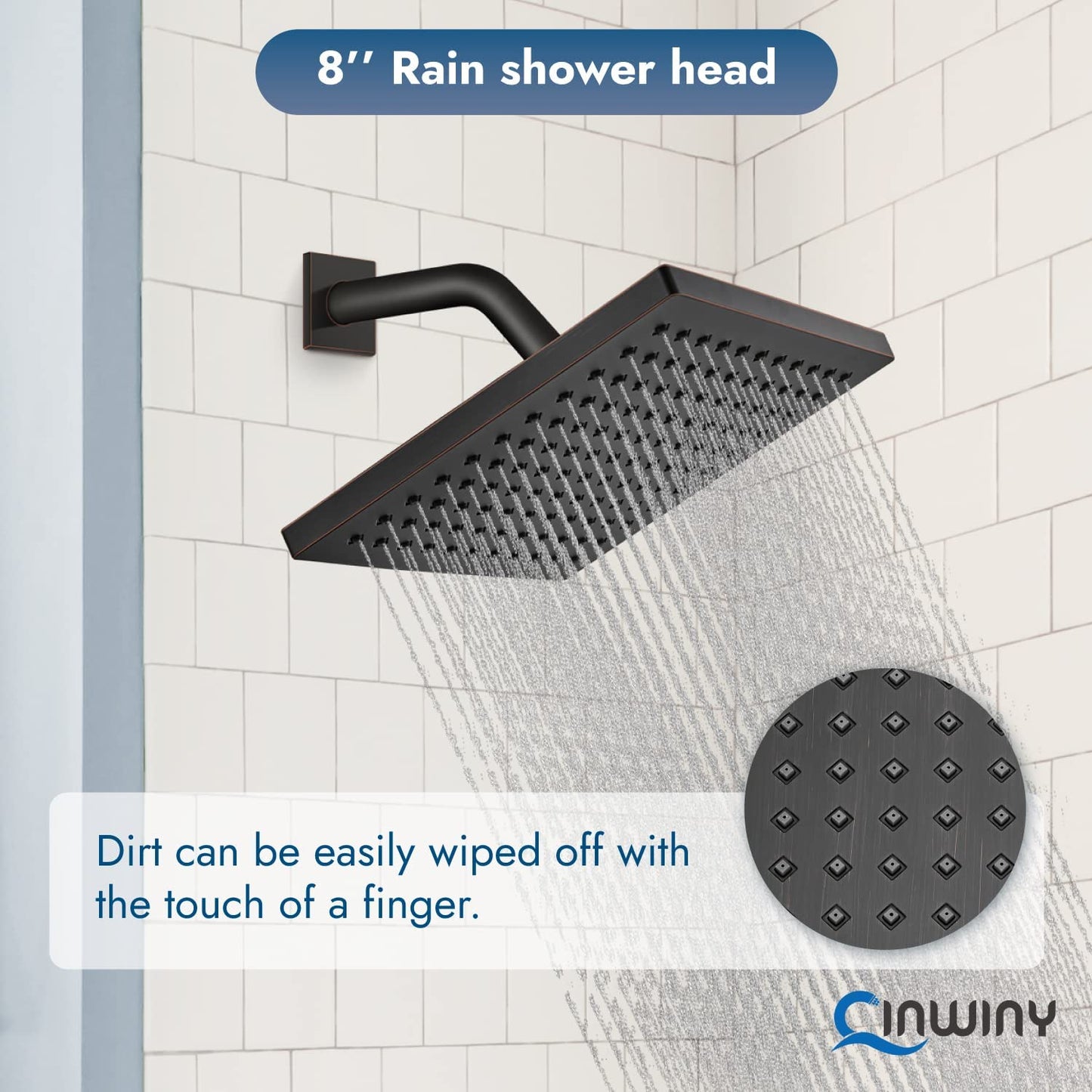 
                  
                    Cinwiny Rain Shower Head 8” Square Overhead Shower High Pressure Angle Adjustable Waterfall Modern Luxury ABS Bathroom Showerhead with Silicone Noozles
                  
                