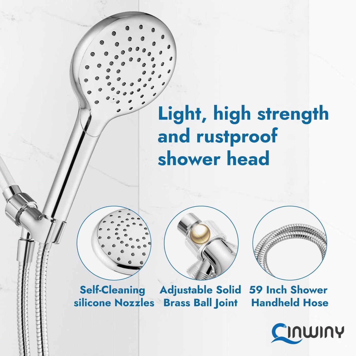 
                  
                    Cinwiny Hand Held Showerhead High Flow Wall Mounted Round Handheld Shower Sprayer ABS Single Function with Adjustable Shower Holder and 59” Stainless Steel Hose
                  
                