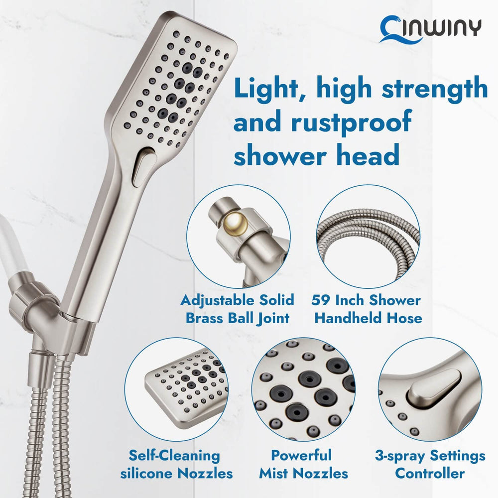 
                  
                    Cinwiny Shower Head with Handheld Wall Mounted High Flow Square Hand Held Sprayer ABS 3 Spray Modes with Adjustable Shower Bracket Holder & 59” SUS304 Hose Combo
                  
                