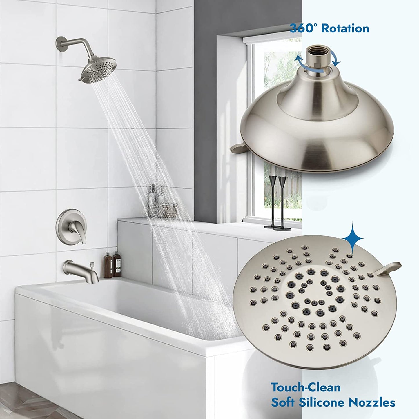 
                  
                    Cinwiny Shower System with Tub Spout Wall Mounted 5 Modes 6”Shower Head with Bathtub Filler Trim Kit with Pressure Balance Rough-in Valve 1 Handle 2 Function Bathroom Shower Faucet Set
                  
                