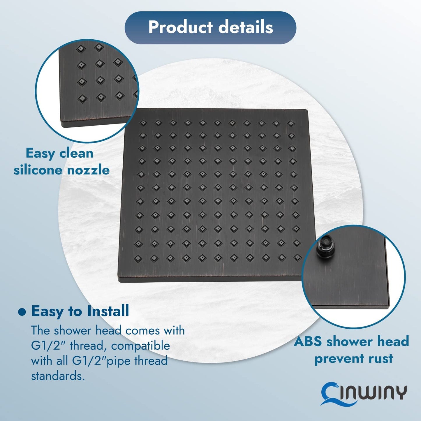 
                  
                    Cinwiny Rain Shower Head 8” Square Overhead Shower High Pressure Angle Adjustable Waterfall Modern Luxury ABS Bathroom Showerhead with Silicone Noozles
                  
                