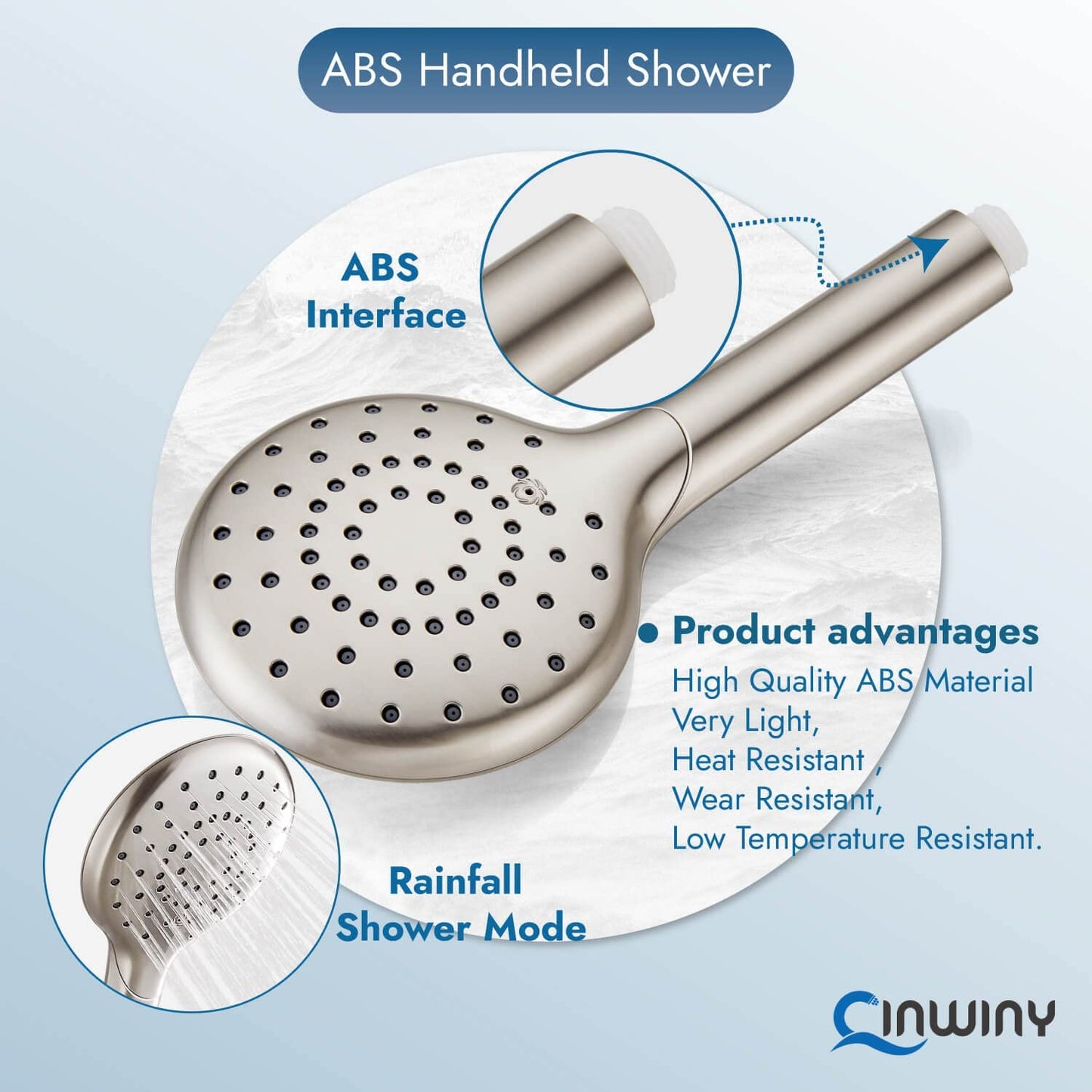 
                  
                    Cinwiny Hand Held Showerhead High Flow Wall Mounted Round Handheld Shower Sprayer ABS Single Function with Adjustable Shower Holder and 59” Stainless Steel Hose
                  
                