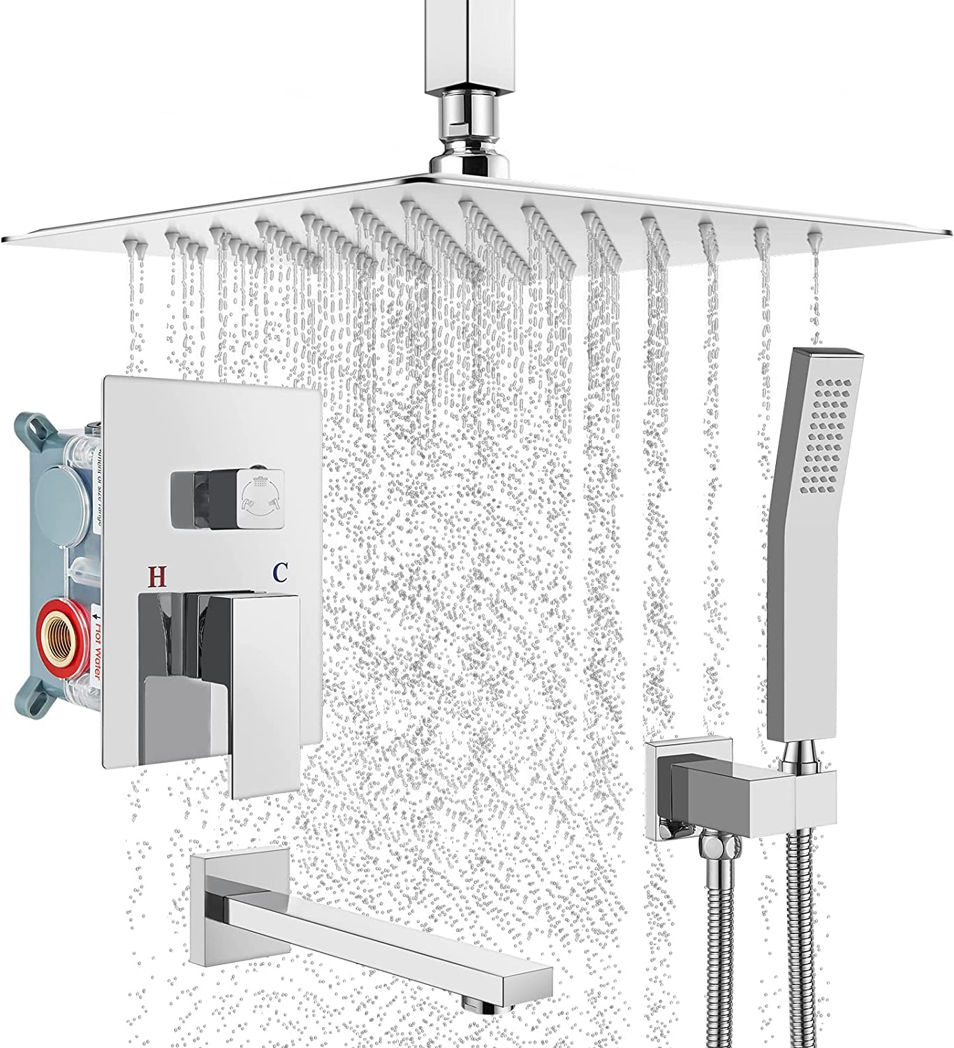 
                  
                    Cinwiny Shower System with Tub Spout 3 Function Mixer Shower Combo Kit Ceiling Mounted 12 Inch Rainfall Shower Head Set with Handheld Shower Spray Luxury Rough-in Valve
                  
                