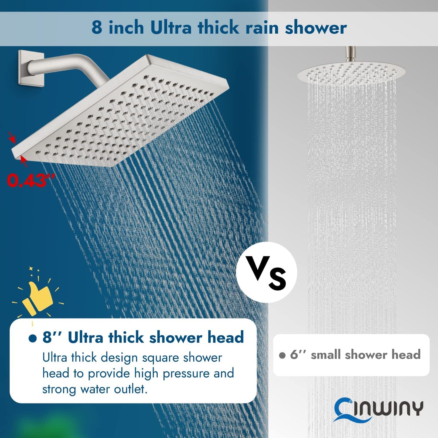 
                  
                    Cinwiny Rain Shower Head 8” Square Overhead Shower High Pressure Angle Adjustable Waterfall Modern Luxury ABS Bathroom Showerhead with Silicone Noozles
                  
                