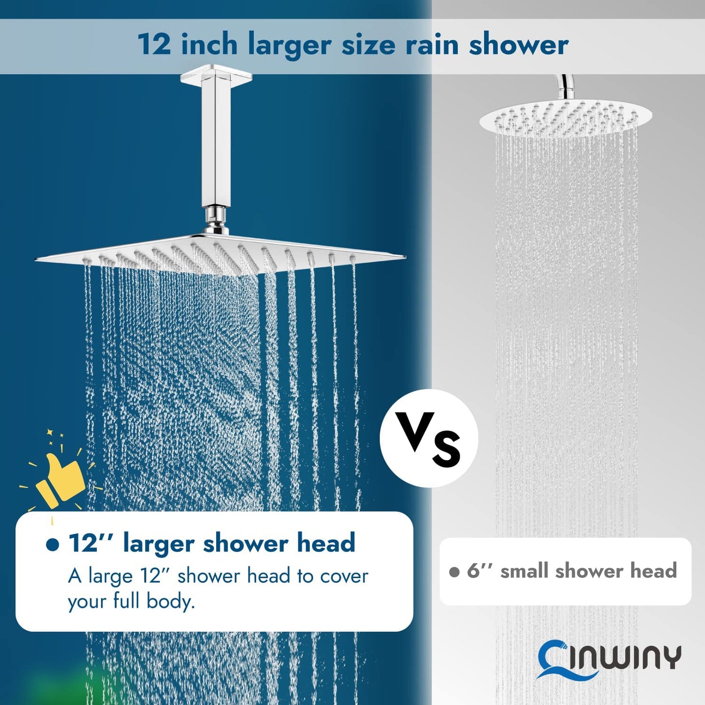 
                  
                    Cinwiny 12 Inch Shower Head Rainfall Luxury Square SUS304 Rain Showerhead High Pressure 1/16" Ultra-thin Adjustable Angles Waterfall Full Body Coverage with Silicone Nozzle
                  
                