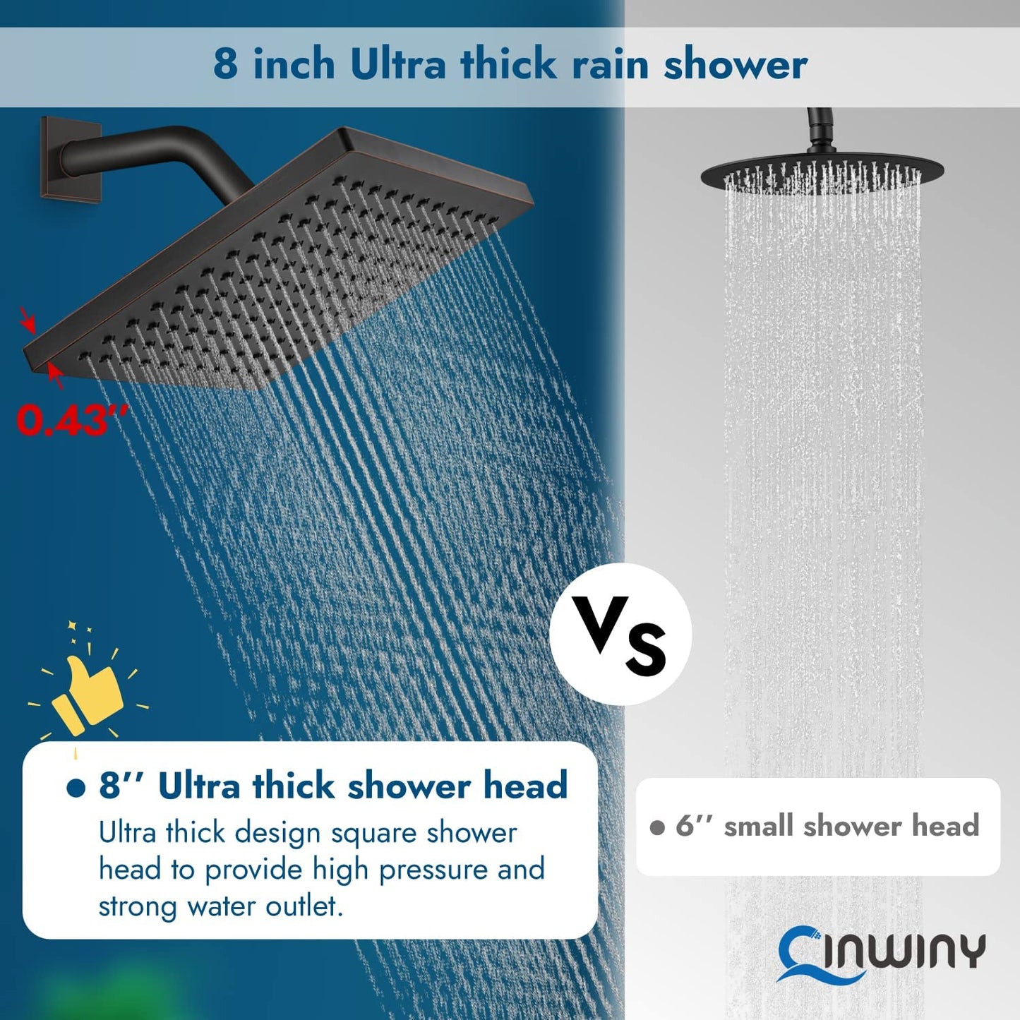 
                  
                    Cinwiny Rain Shower Head 8” Square Overhead Shower High Pressure Angle Adjustable Waterfall Modern Luxury ABS Bathroom Showerhead with Silicone Noozles
                  
                