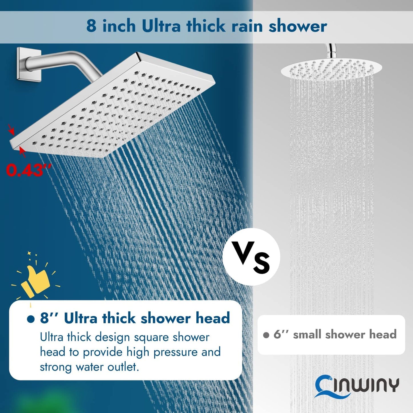 
                  
                    Cinwiny Rain Shower Head 8” Square Overhead Shower High Pressure Angle Adjustable Waterfall Modern Luxury ABS Bathroom Showerhead with Silicone Noozles
                  
                