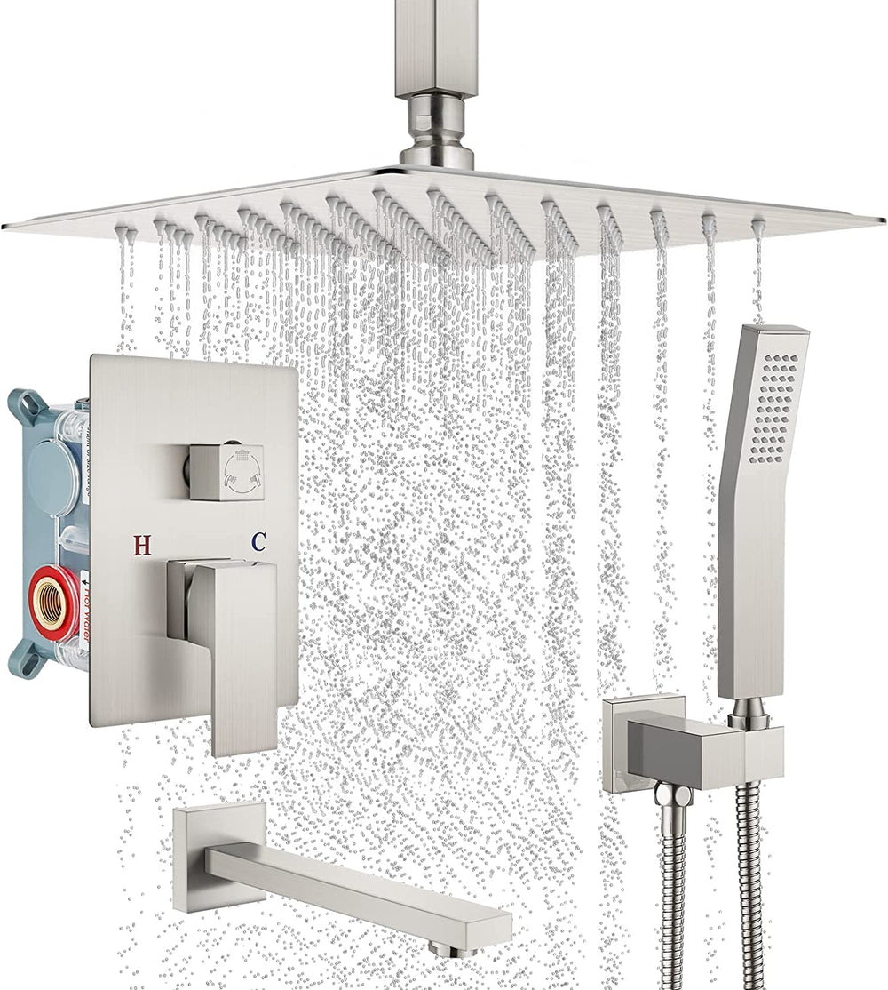 Cinwiny Shower System with Tub Spout 3 Function Mixer Shower Combo Kit Ceiling Mounted 12 Inch Rainfall Shower Head Set with Handheld Shower Spray Luxury Rough-in Valve