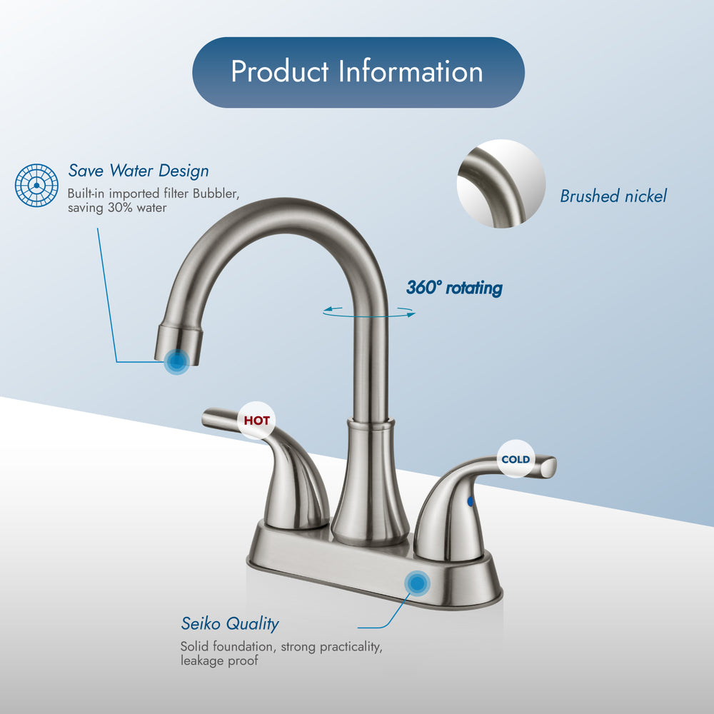 
                  
                    Cinwiny 4 Inch Centerset Bathroom Sink Faucet Two Handle Vanity Faucet with Swivel Spout Deck Mount Mixer Tap with Pop up Drain Water Supply Lines
                  
                